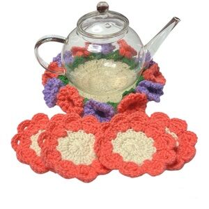 Handmade Crochet Mug Rug + 4 Coasters Set-Floral Tea Coaster Set Coral Lavender